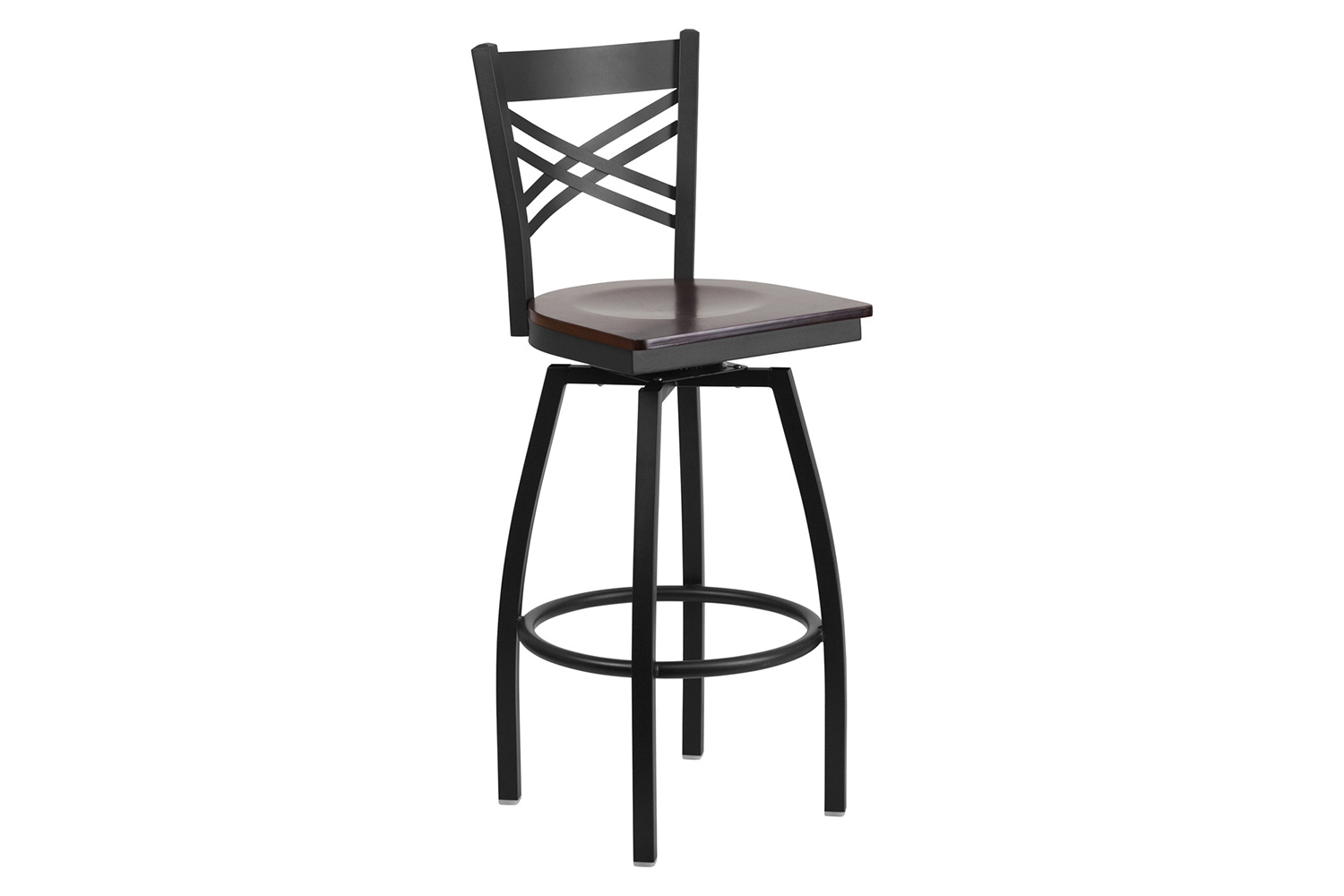 BLNK HERCULES Series Black Metal "X" Back Swivel Bar Stool with Wood Seat - Walnut