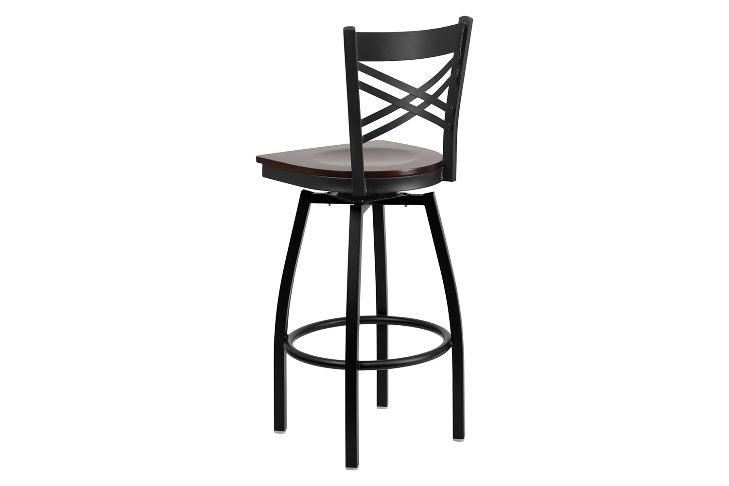 BLNK HERCULES Series Black Metal "X" Back Swivel Bar Stool with Wood Seat - Walnut