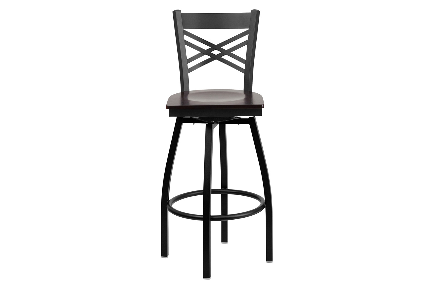 BLNK HERCULES Series Black Metal "X" Back Swivel Bar Stool with Wood Seat - Walnut