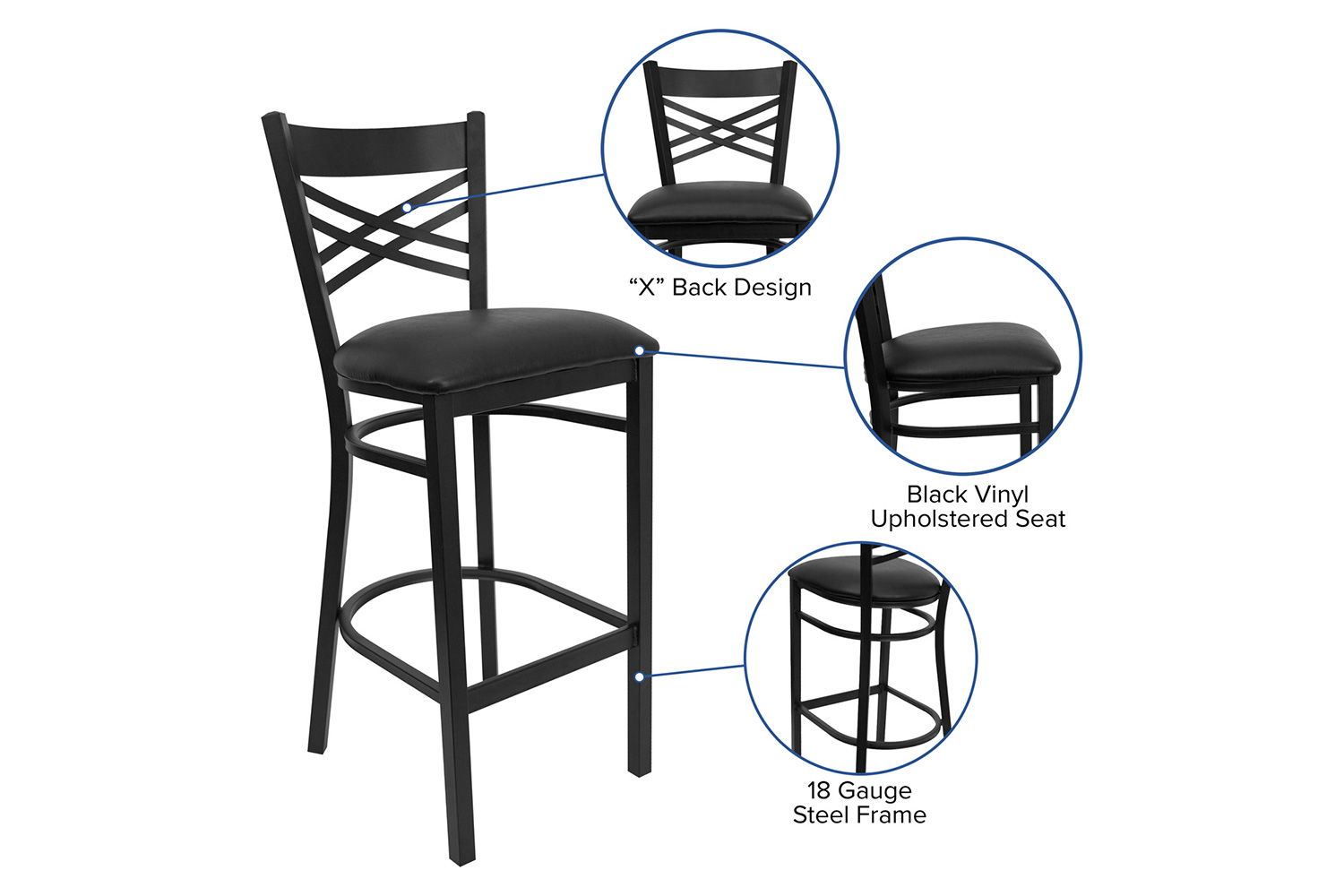 BLNK HERCULES Series Black Metal "X" Back Restaurant Bar Stool with Vinyl Seat - Black