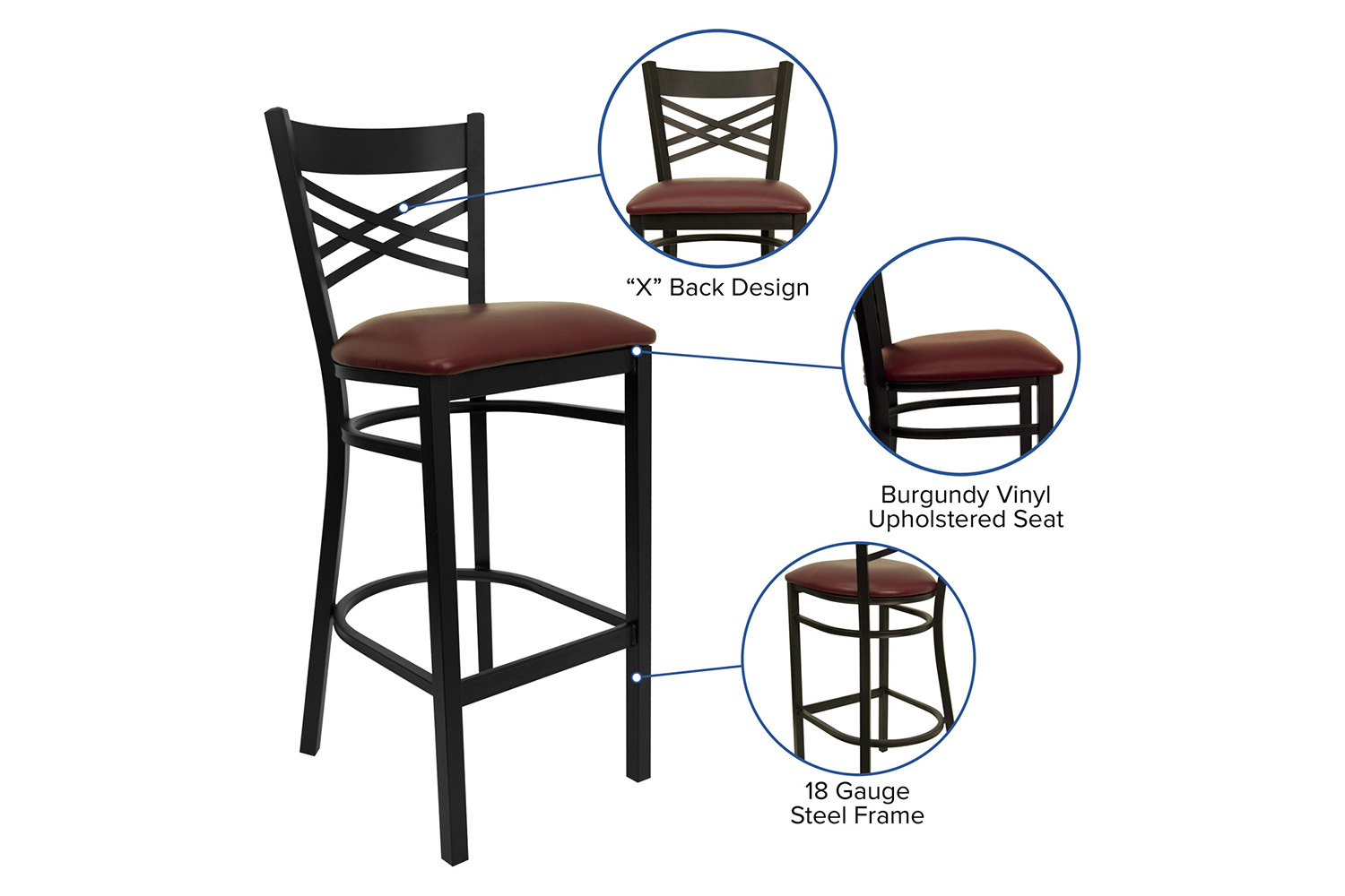 BLNK HERCULES Series Black Metal "X" Back Restaurant Bar Stool with Vinyl Seat - Burgundy