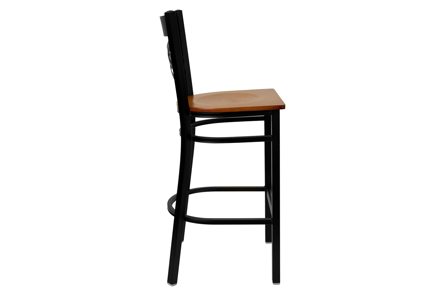 BLNK HERCULES Series Black Metal "X" Back Restaurant Bar Stool with Wood Seat - Cherry