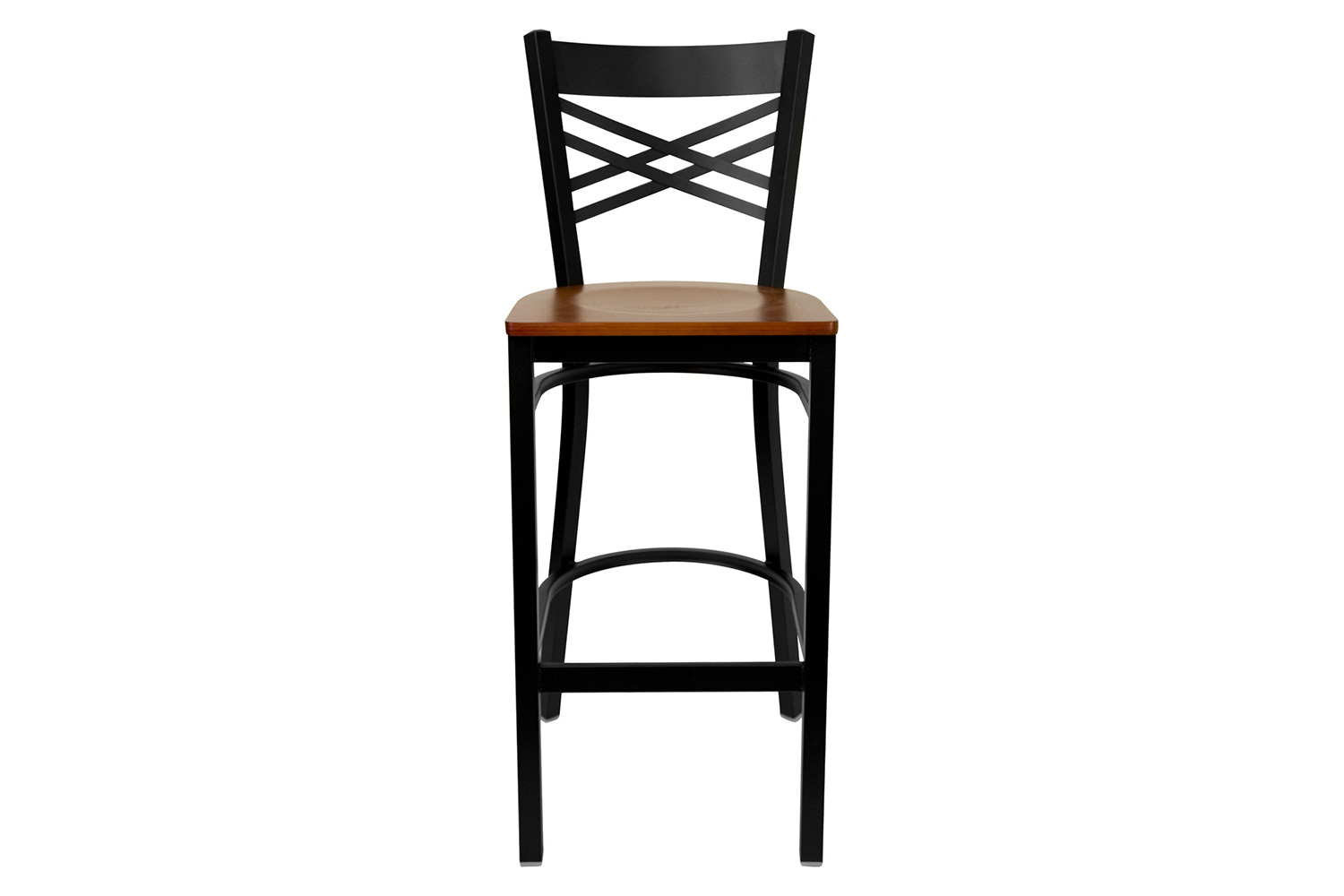 BLNK HERCULES Series Black Metal "X" Back Restaurant Bar Stool with Wood Seat - Cherry