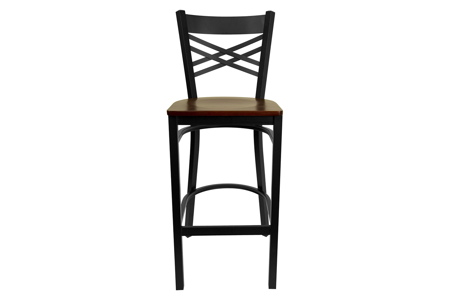 BLNK HERCULES Series Black Metal "X" Back Restaurant Bar Stool with Wood Seat - Mahogany