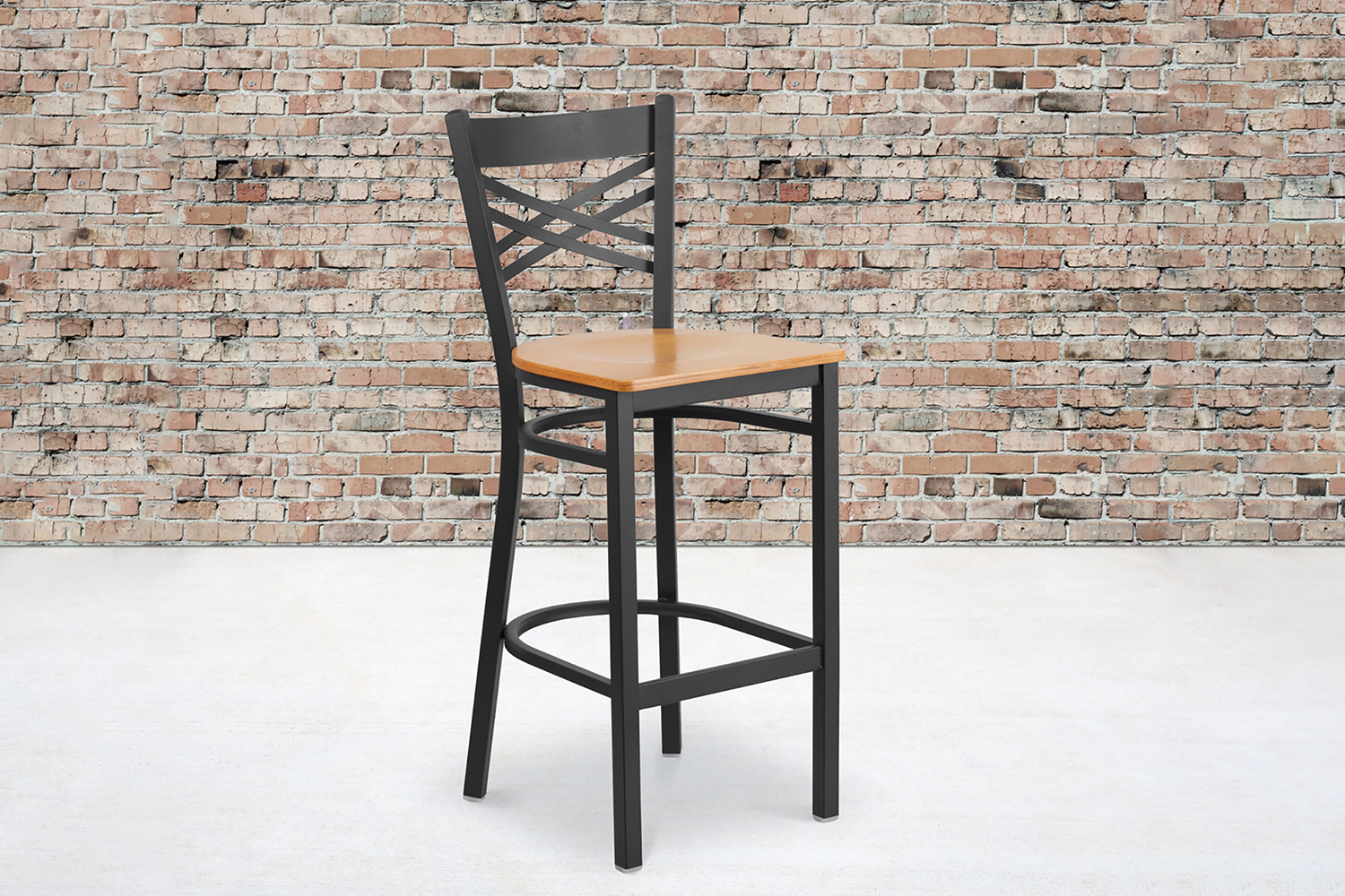 BLNK HERCULES Series Black Metal "X" Back Restaurant Bar Stool with Wood Seat