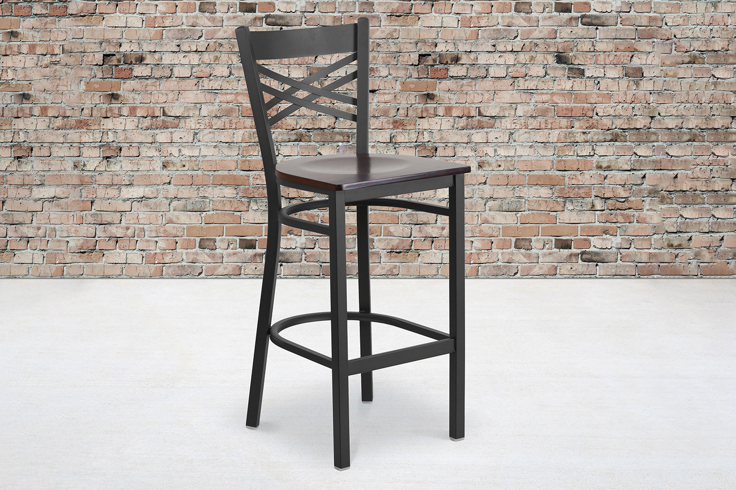 BLNK HERCULES Series Black Metal "X" Back Restaurant Bar Stool with Wood Seat