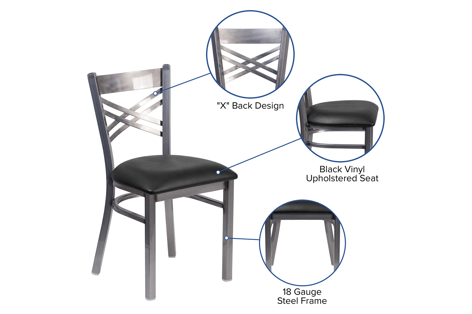 BLNK HERCULES Series Clear Coated Metal X Back Restaurant Chair with Vinyl Seat - Black