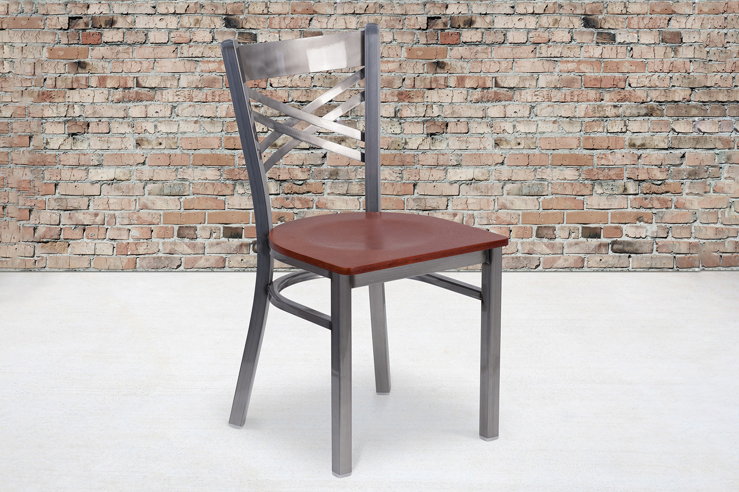 BLNK HERCULES Series Clear Coated Metal X Back Restaurant Chair with Wood Seat