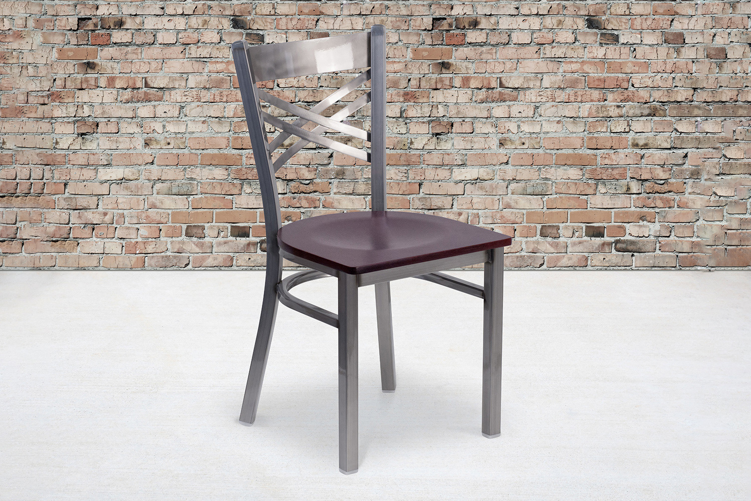 BLNK HERCULES Series Clear Coated Metal X Back Restaurant Chair with Wood Seat