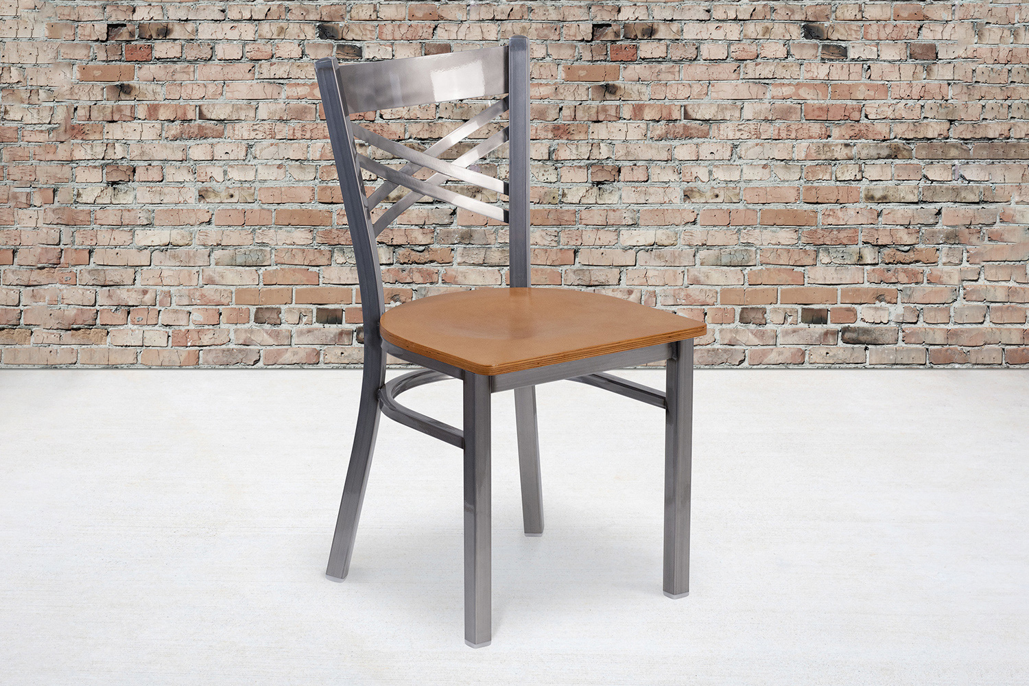 BLNK HERCULES Series Clear Coated Metal X Back Restaurant Chair with Wood Seat