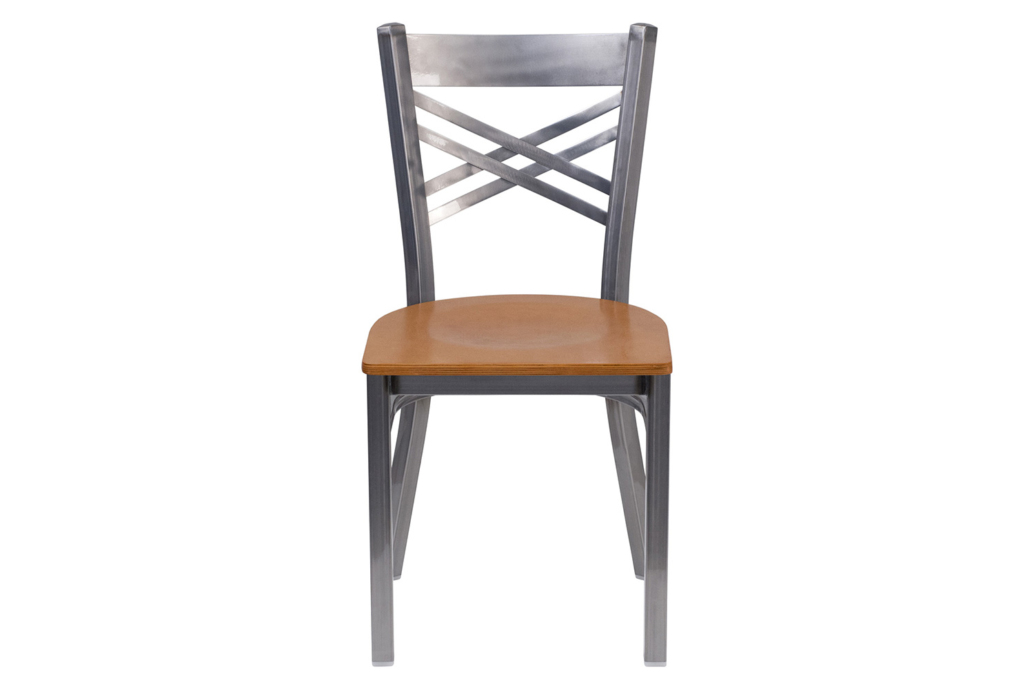 BLNK HERCULES Series Clear Coated Metal X Back Restaurant Chair with Wood Seat - Natural