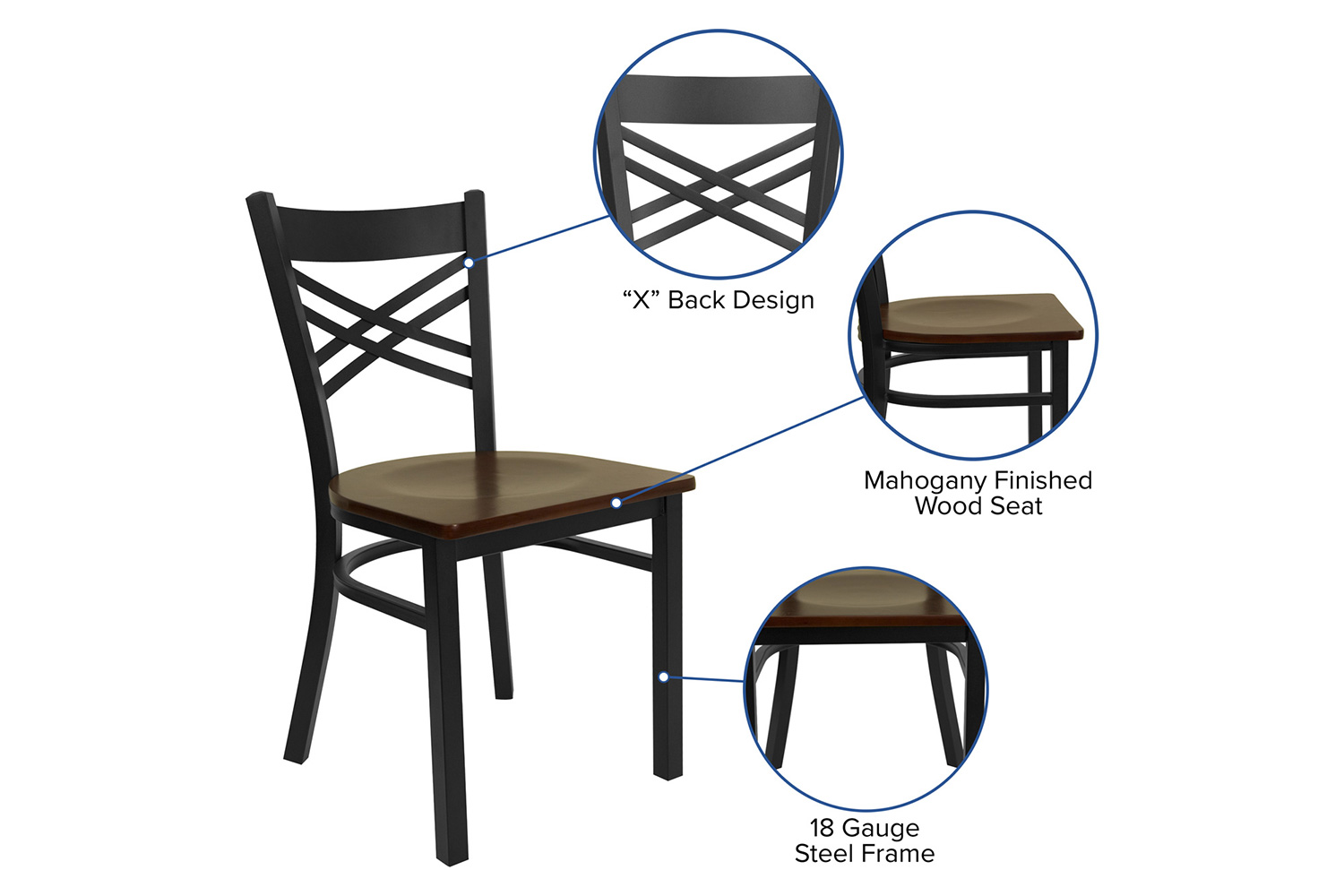 BLNK HERCULES Series Black Metal X" Back Restaurant Chair with Wood Seat - Mahogany