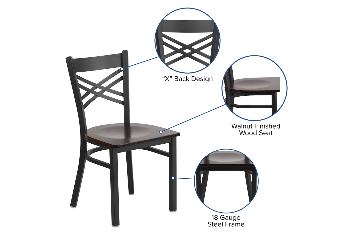 BLNK HERCULES Series Black Metal X" Back Restaurant Chair with Wood Seat - Walnut