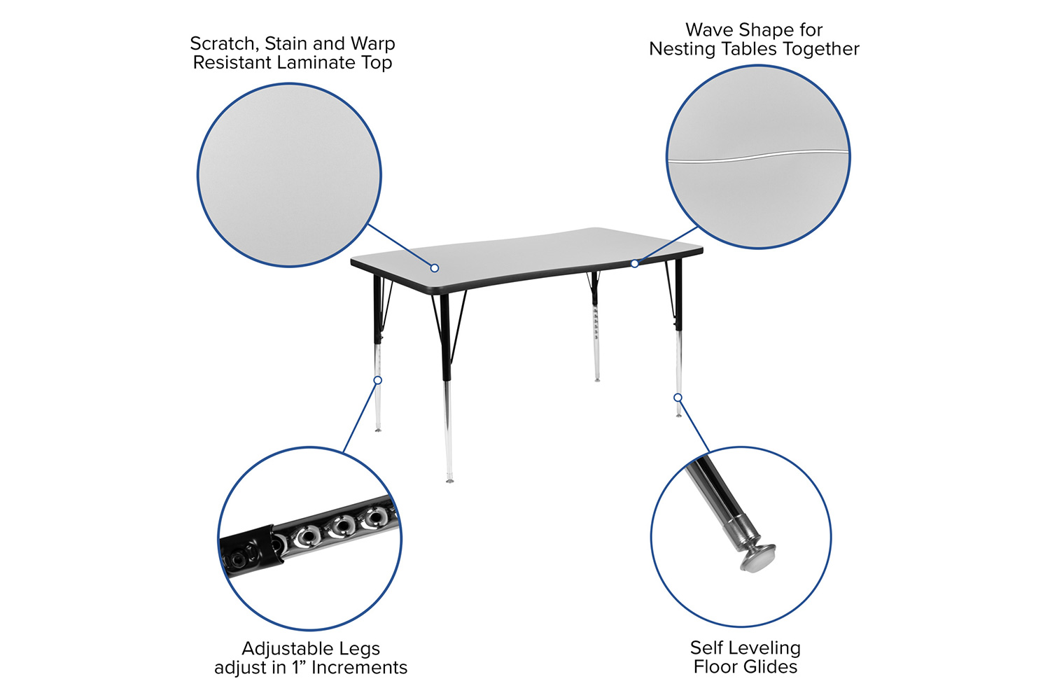 BLNK Wren Rectangular Thermal Laminate Wave Flexible Collaborative Activity Table - Gray, 28"W x 47.5"L, with Standard Height Adjustable Legs