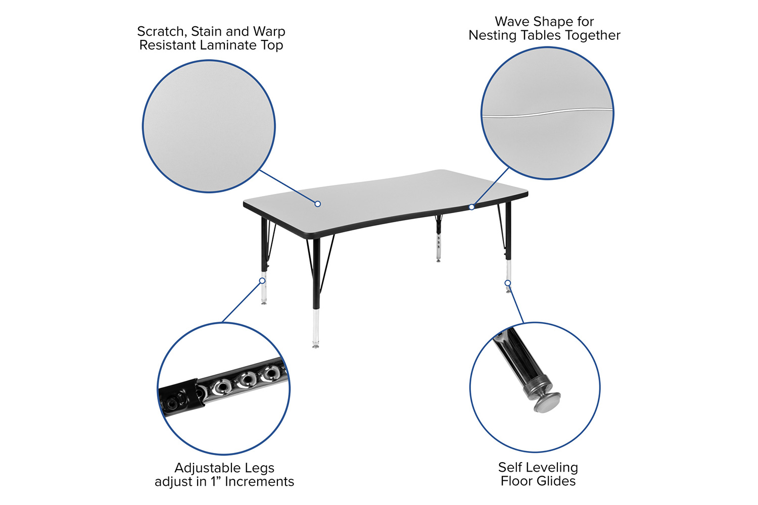 BLNK Wren Rectangular Thermal Laminate Wave Flexible Collaborative Activity Table - Gray, 28"W x 47.5"L, with Short Height Adjustable Legs