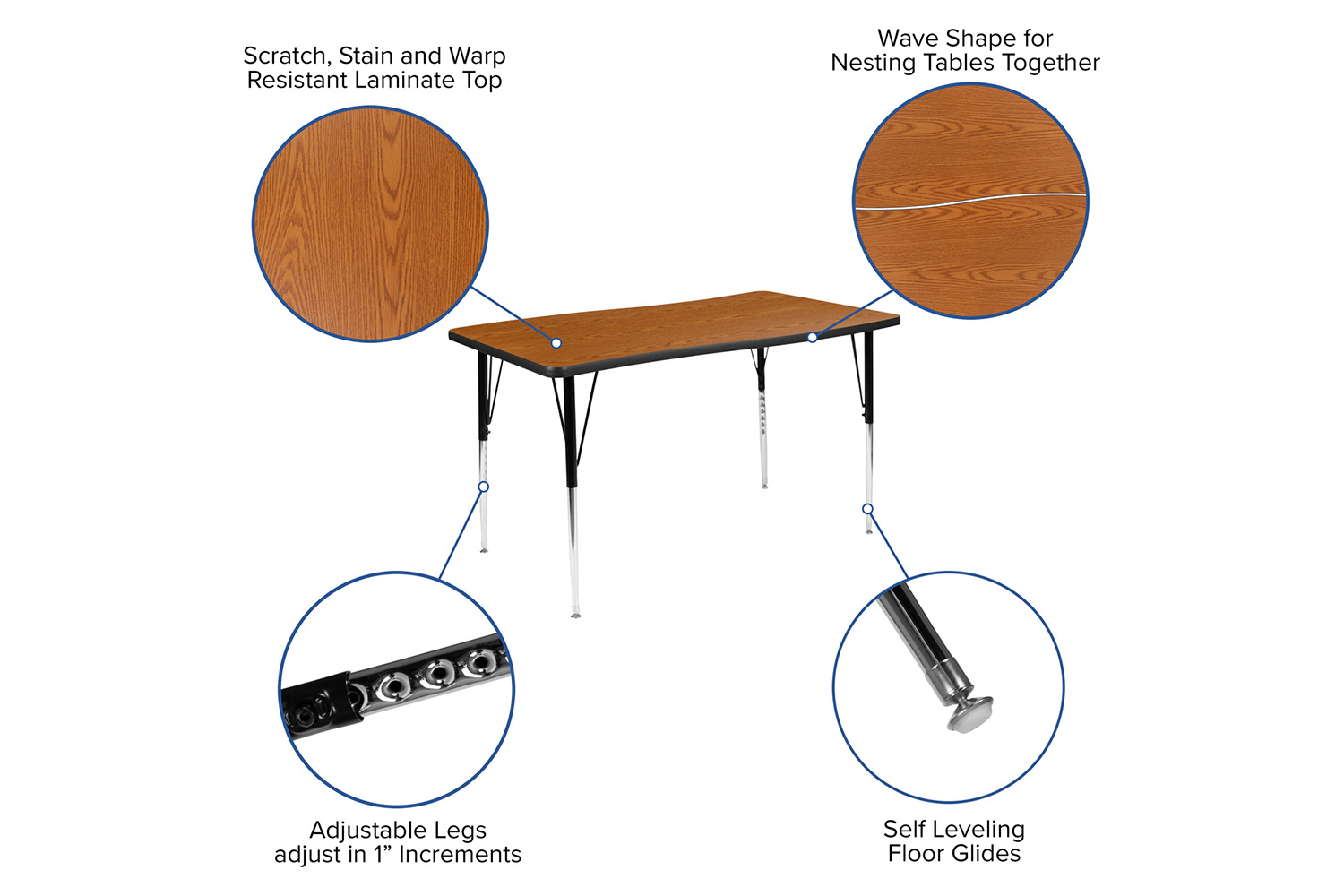 BLNK Wren Rectangular Thermal Laminate Wave Flexible Collaborative Activity Table - Oak, 28"W x 47.5"L, with Standard Height Adjustable Legs