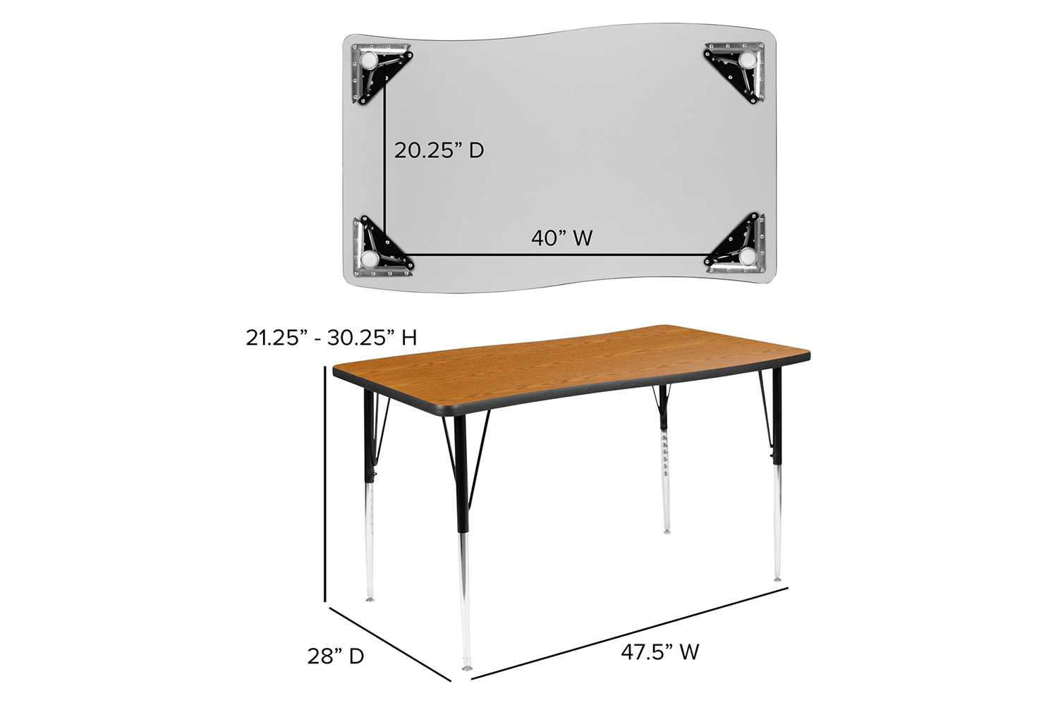 BLNK Wren Rectangular Thermal Laminate Wave Flexible Collaborative Activity Table - Oak, 28"W x 47.5"L, with Standard Height Adjustable Legs