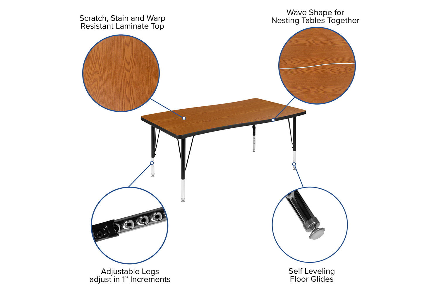 BLNK Wren Rectangular Thermal Laminate Wave Flexible Collaborative Activity Table - Oak, 28"W x 47.5"L, with Short Height Adjustable Legs