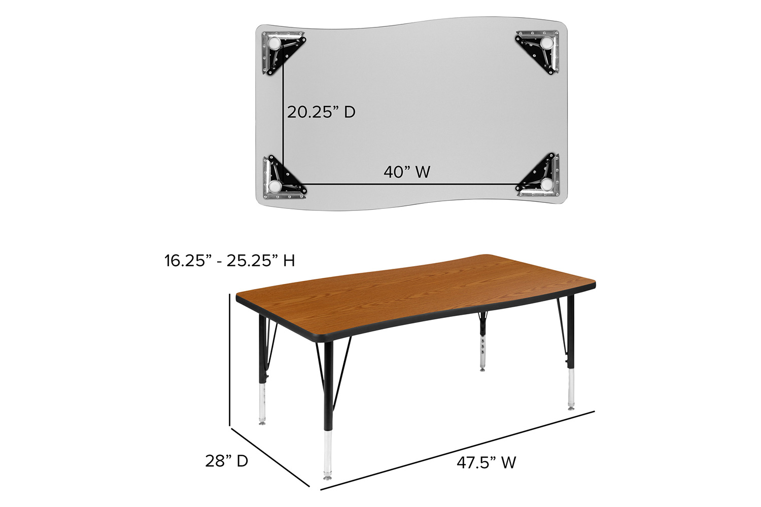 BLNK Wren Rectangular Thermal Laminate Wave Flexible Collaborative Activity Table - Oak, 28"W x 47.5"L, with Short Height Adjustable Legs