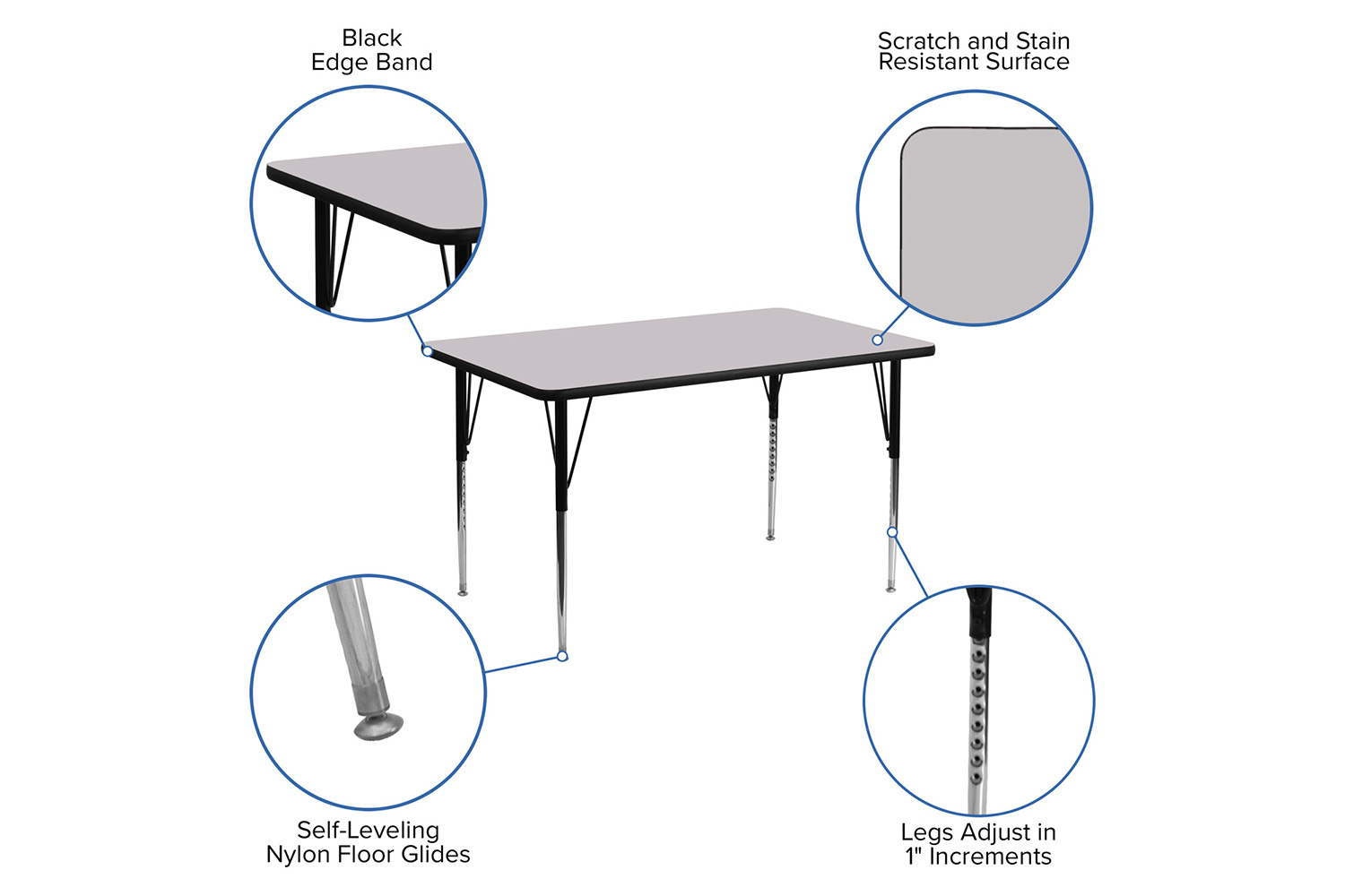 BLNK Wren Rectangular Thermal Laminate Activity Table - Gray, 30"W x 48"L, with Standard Height Adjustable Legs