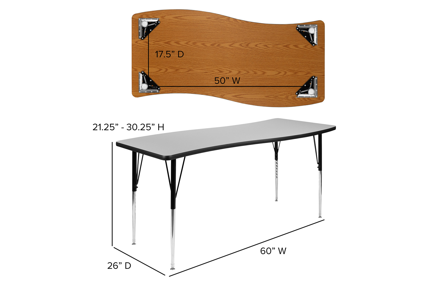 BLNK Wren Rectangular Thermal Laminate Wave Flexible Collaborative Activity Table - Gray, 26"W x 60"L, with Standard Height Adjustable Legs