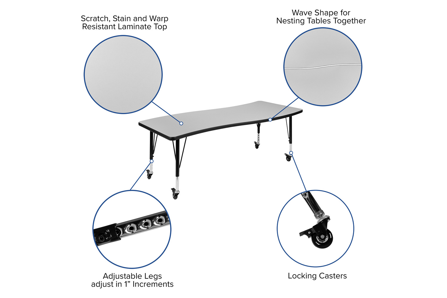 BLNK Wren Mobile Rectangular Thermal Laminate Wave Flexible Collaborative Activity Table - Gray, 26"W x 60"L, with Short Height Adjustable Legs