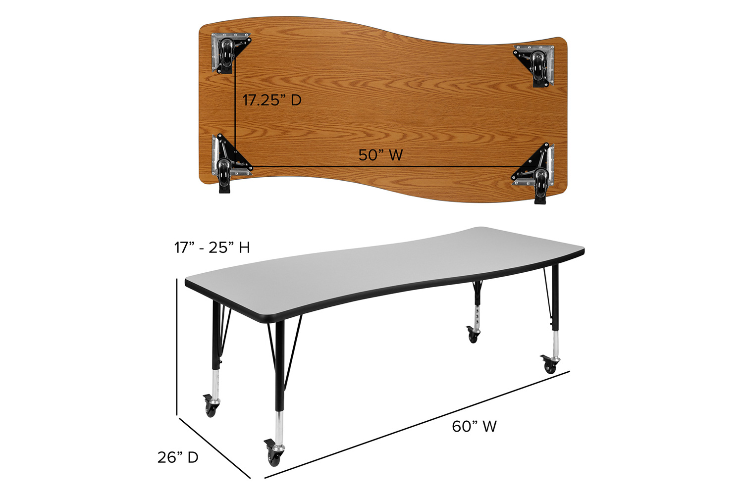 BLNK Wren Mobile Rectangular Thermal Laminate Wave Flexible Collaborative Activity Table - Gray, 26"W x 60"L, with Short Height Adjustable Legs