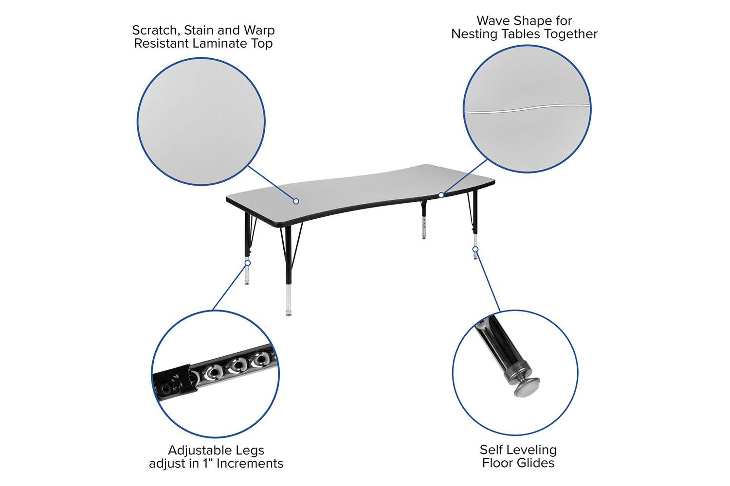 BLNK Wren Rectangular Thermal Laminate Wave Flexible Collaborative Activity Table - Gray, 26"W x 60"L, with Short Height Adjustable Legs