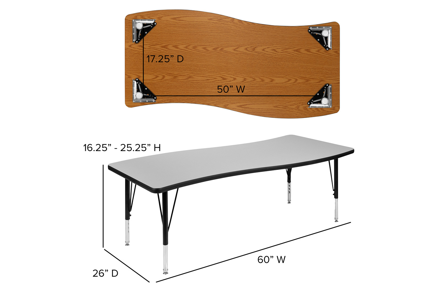 BLNK Wren Rectangular Thermal Laminate Wave Flexible Collaborative Activity Table - Gray, 26"W x 60"L, with Short Height Adjustable Legs