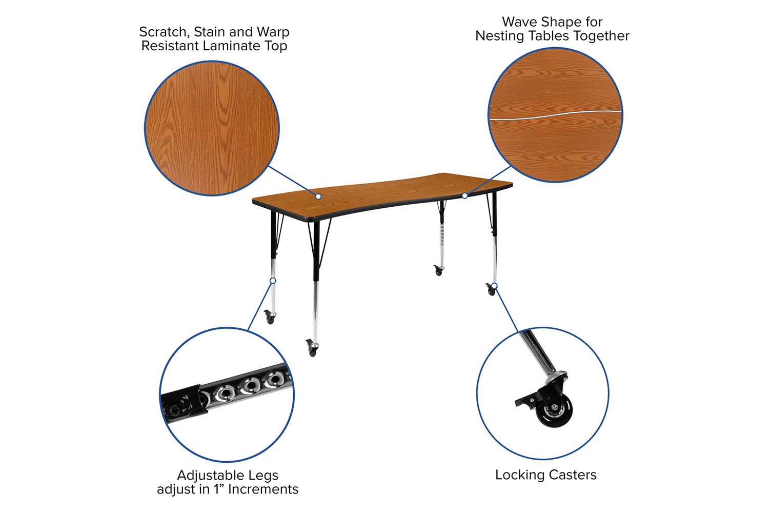 BLNK Wren Mobile Rectangular Thermal Laminate Wave Flexible Collaborative Activity Table - Oak, 26"W x 60"L, with Standard Height Adjustable Legs