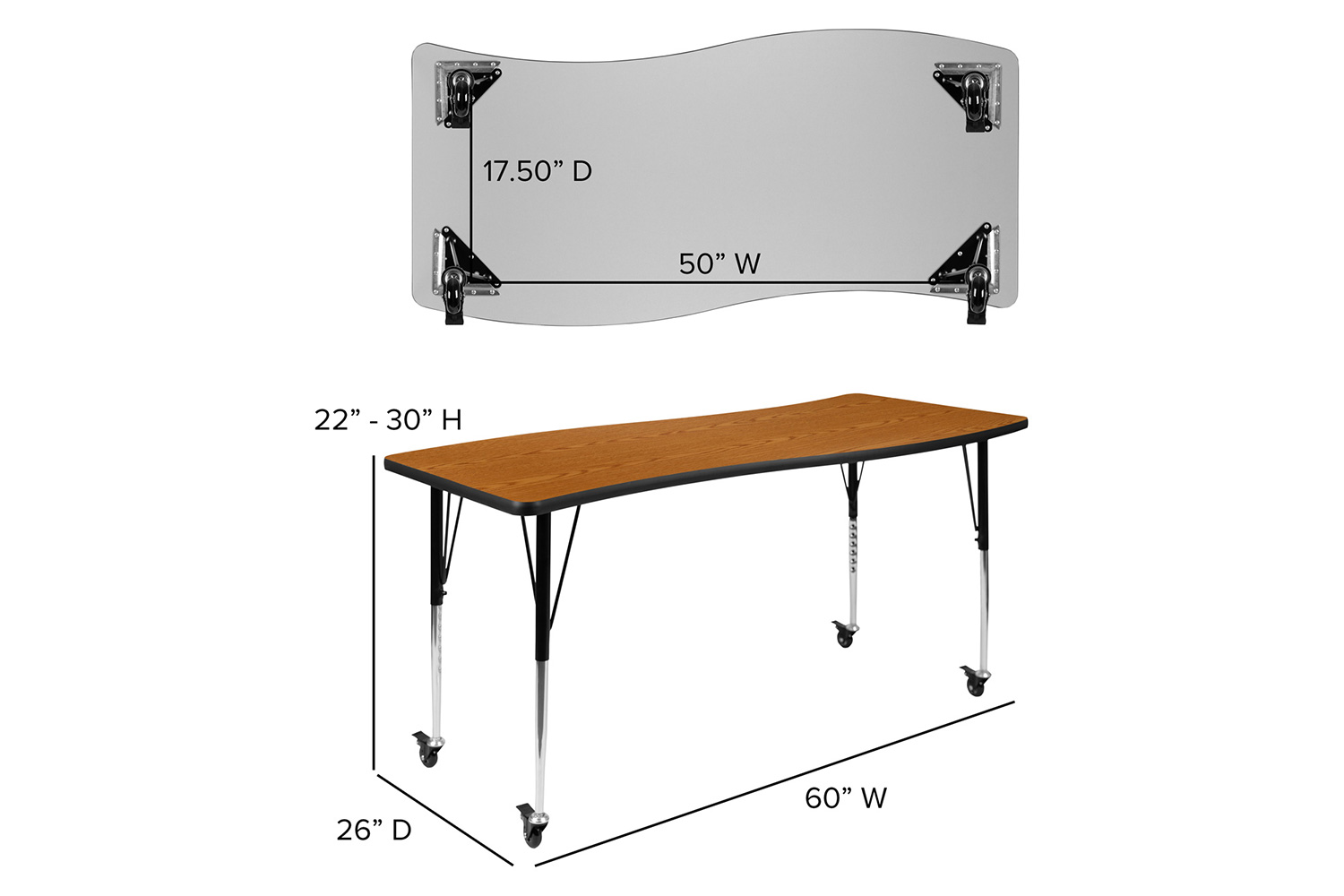 BLNK Wren Mobile Rectangular Thermal Laminate Wave Flexible Collaborative Activity Table - Oak, 26"W x 60"L, with Standard Height Adjustable Legs