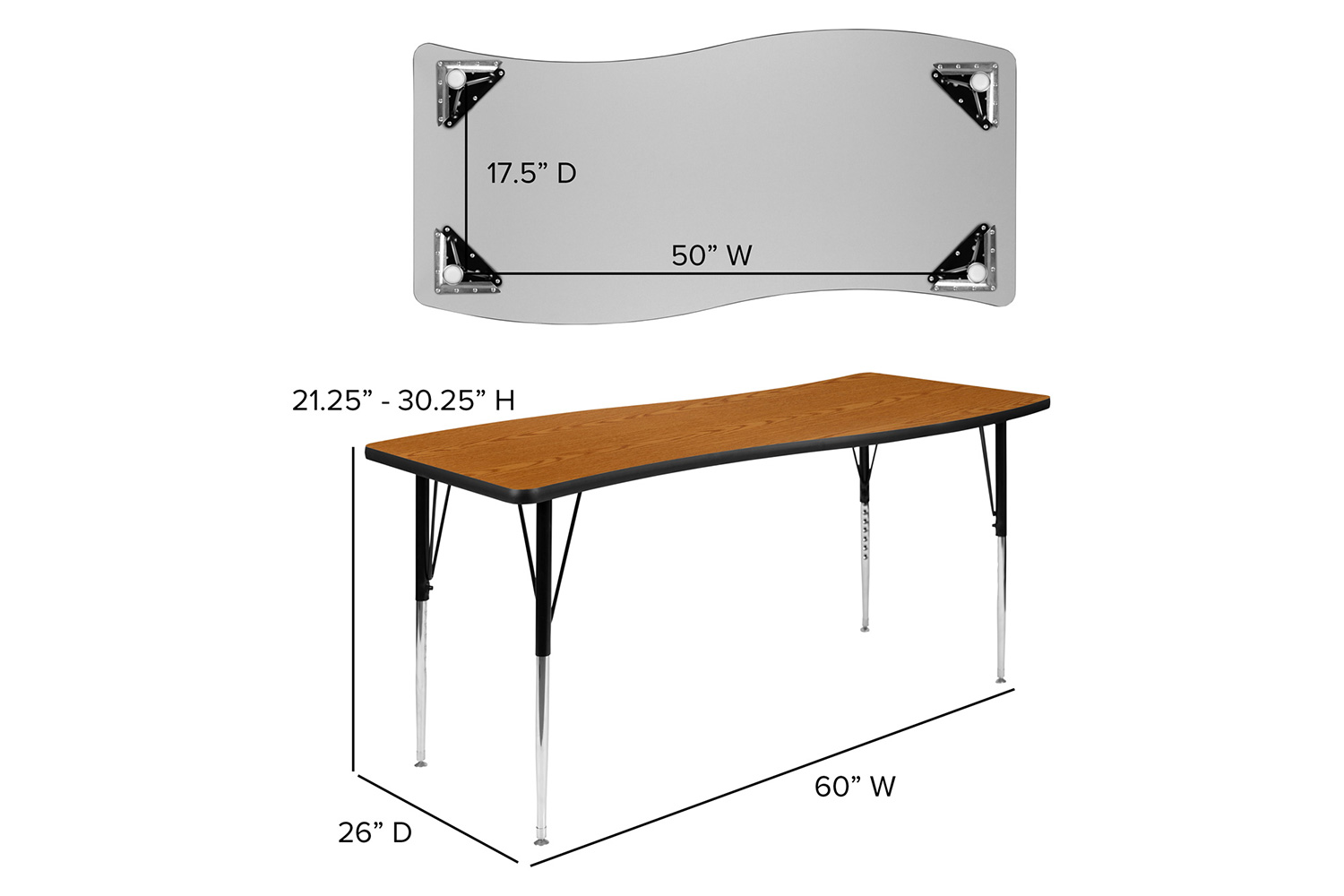 BLNK Wren Rectangular Thermal Laminate Wave Flexible Collaborative Activity Table - Oak, 26"W x 60"L, with Standard Height Adjustable Legs