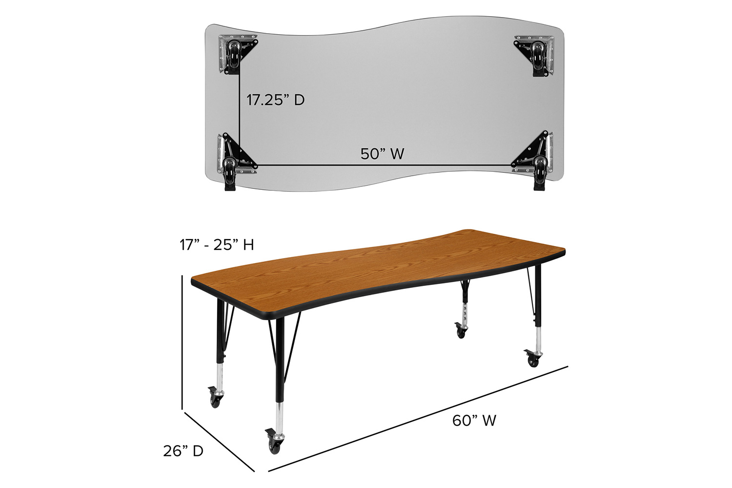 BLNK Wren Mobile Rectangular Thermal Laminate Wave Flexible Collaborative Activity Table - Oak, 26"W x 60"L, with Short Height Adjustable Legs