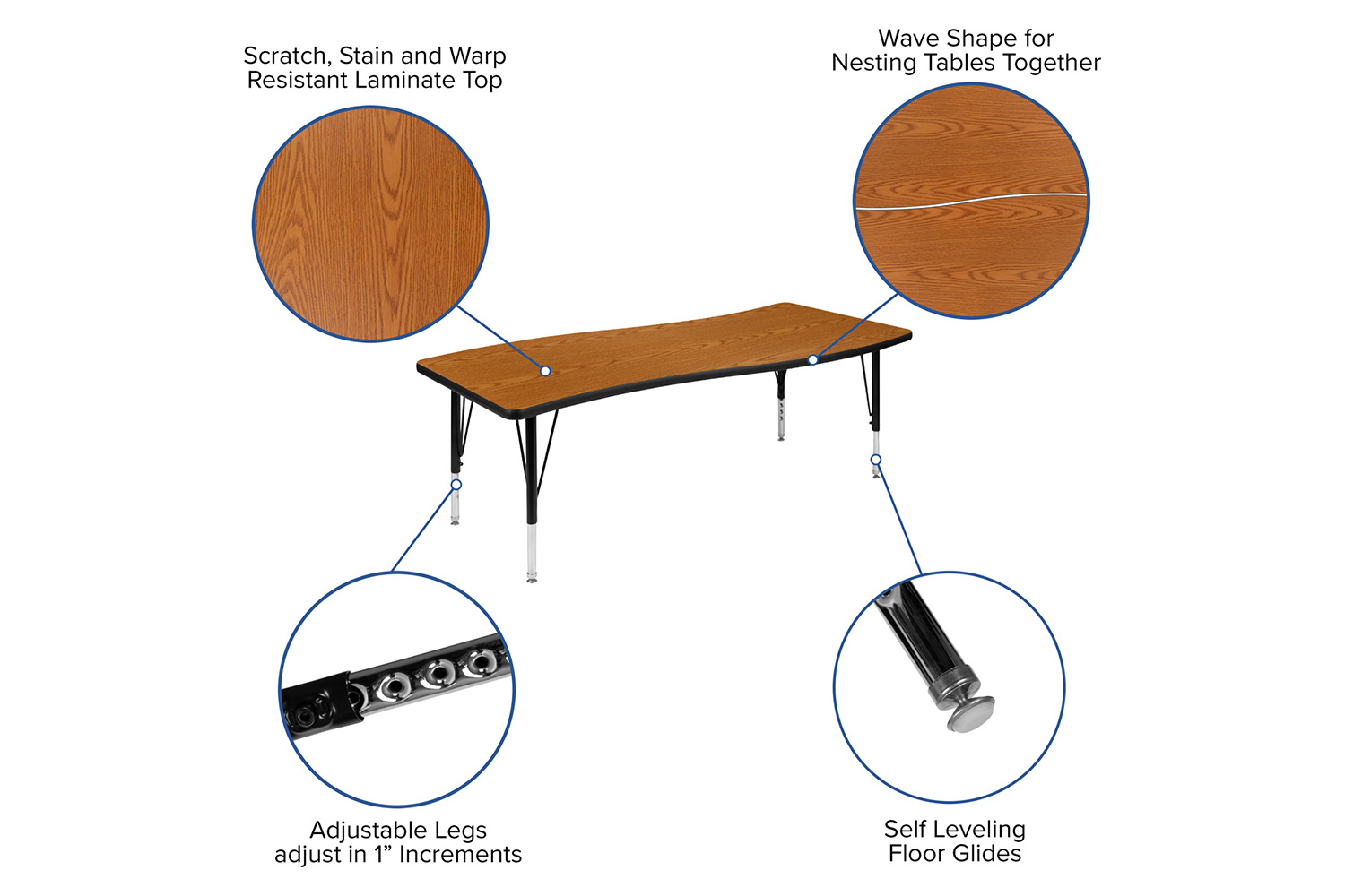 BLNK Wren Rectangular Thermal Laminate Wave Flexible Collaborative Activity Table - Oak, 26"W x 60"L, with Short Height Adjustable Legs