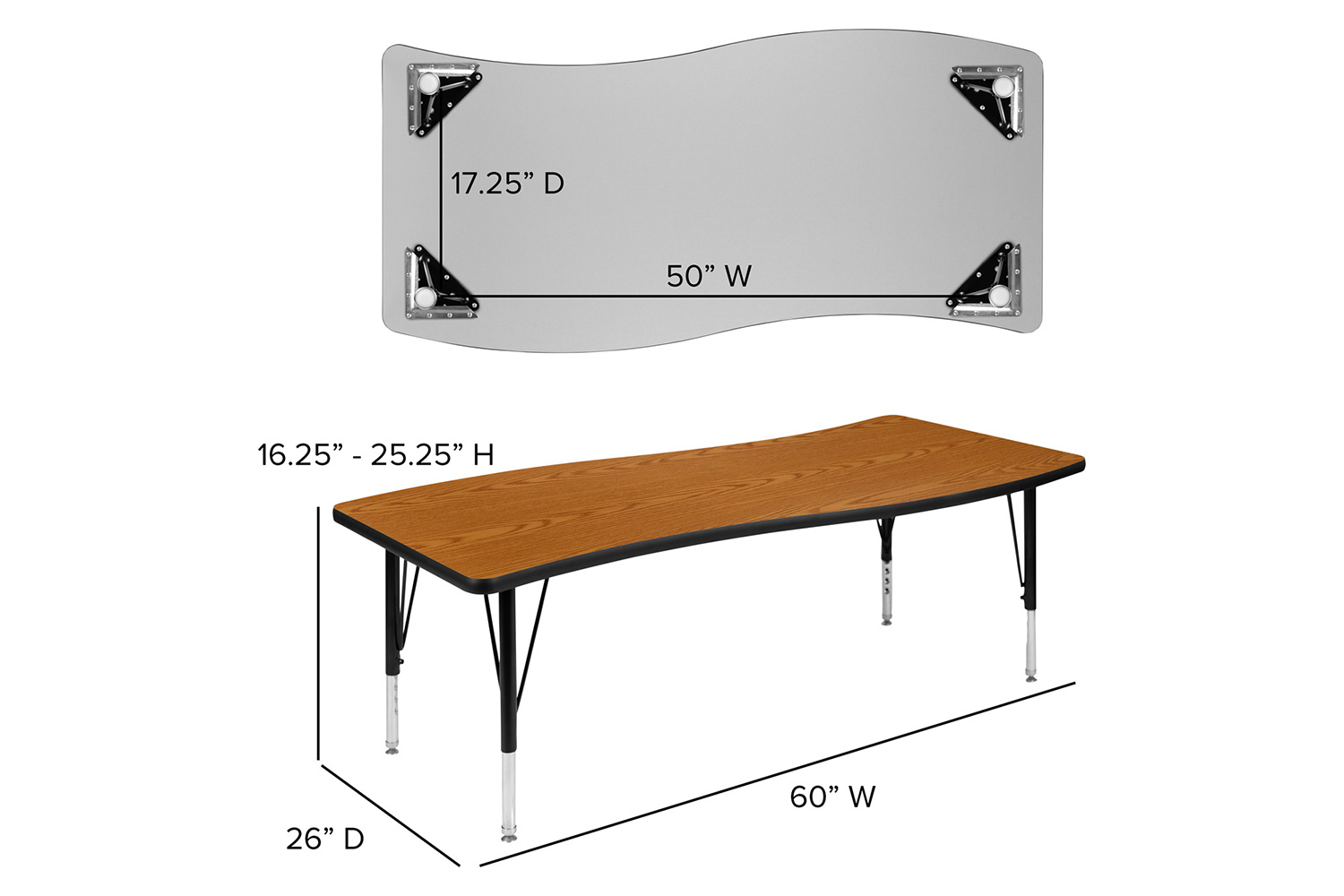 BLNK Wren Rectangular Thermal Laminate Wave Flexible Collaborative Activity Table - Oak, 26"W x 60"L, with Short Height Adjustable Legs