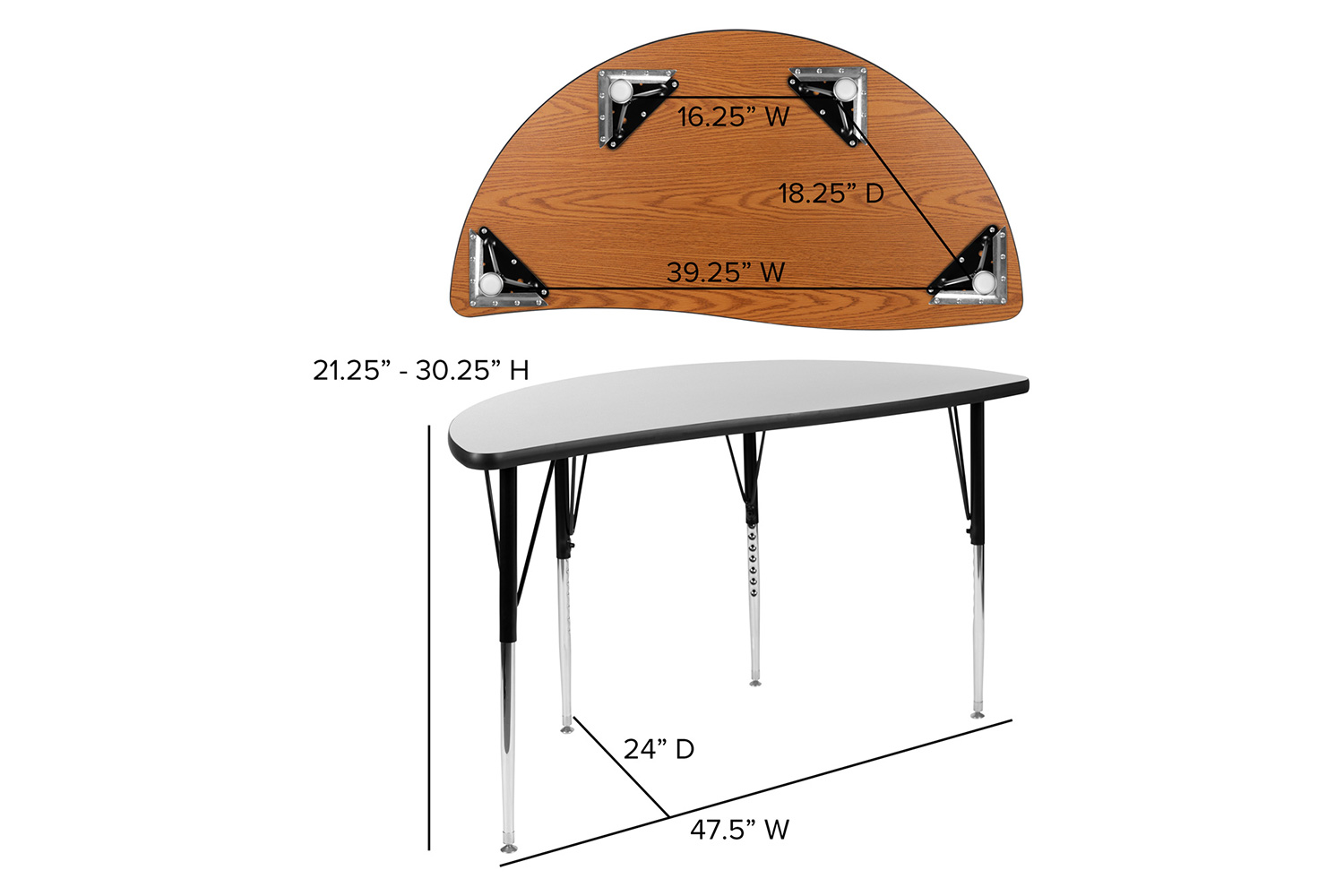 BLNK Wren Half Circle Thermal Laminate Wave Flexible Collaborative Activity Table - Gray, 47.5"D, with Standard Height Adjustable Legs