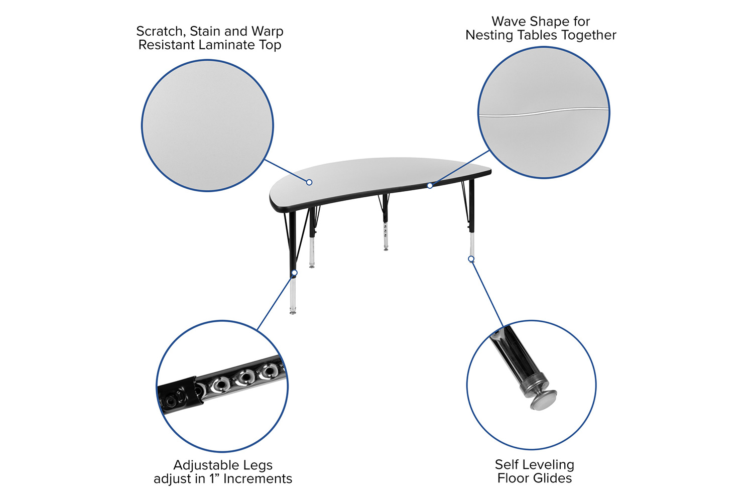 BLNK Wren Half Circle Thermal Laminate Wave Flexible Collaborative Activity Table - Gray, 47.5"D, with Short Height Adjustable Legs