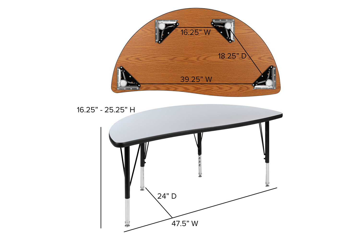 BLNK Wren Half Circle Thermal Laminate Wave Flexible Collaborative Activity Table - Gray, 47.5"D, with Short Height Adjustable Legs