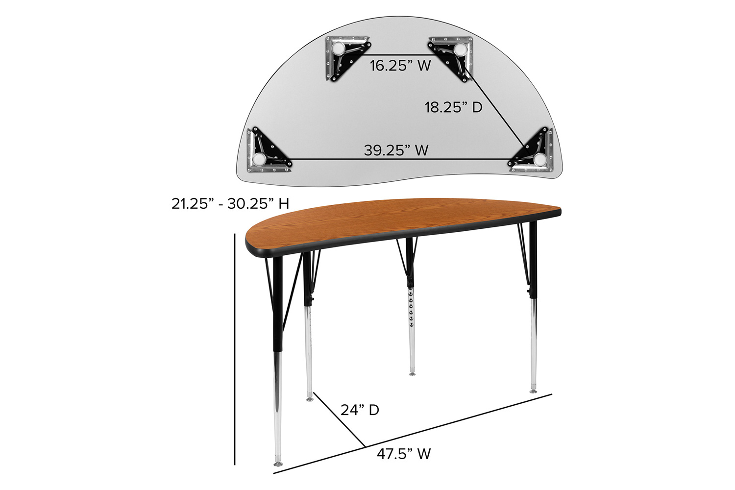 BLNK Wren Half Circle Thermal Laminate Wave Flexible Collaborative Activity Table - Oak, 47.5"D, with Standard Height Adjustable Legs