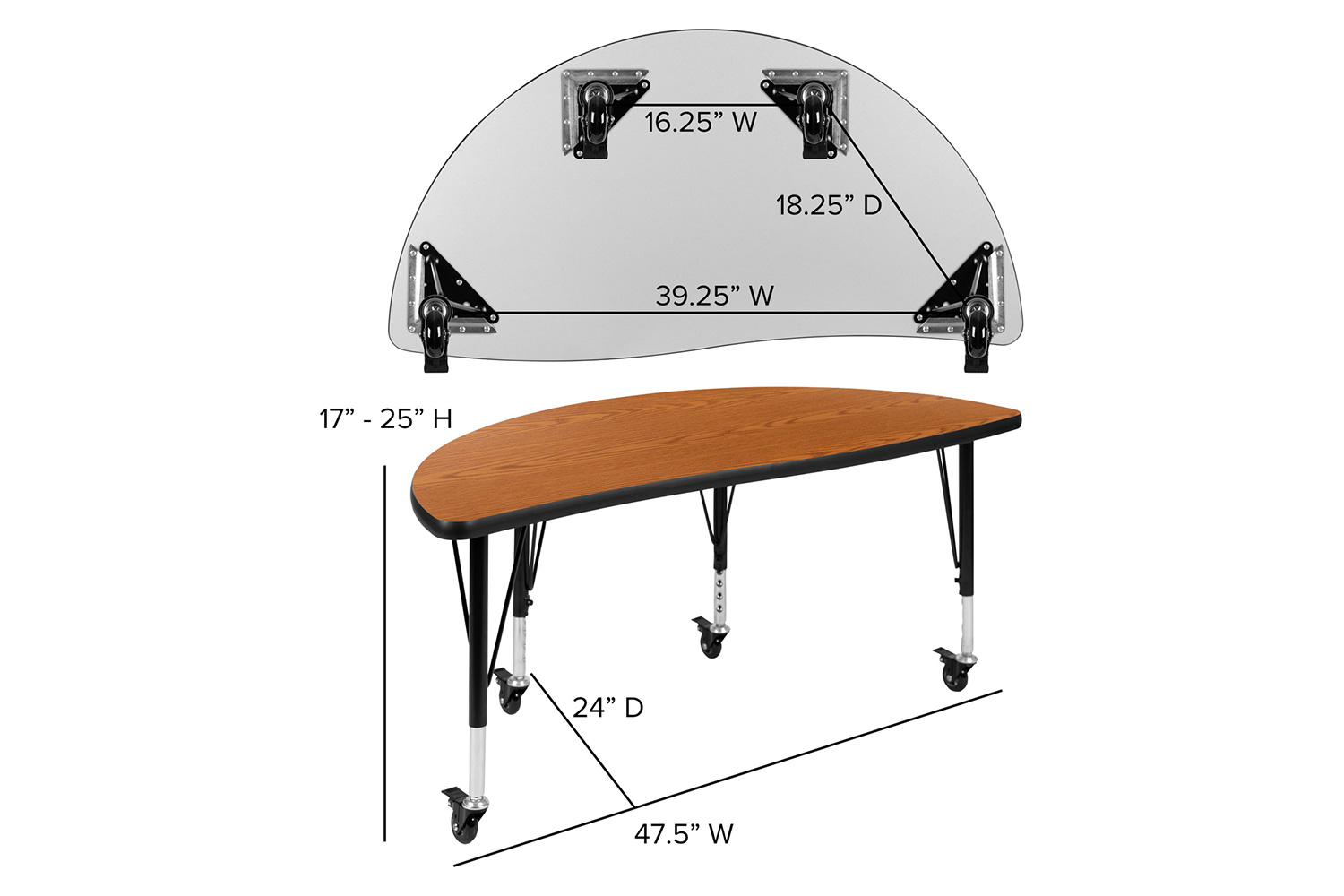 BLNK Wren Mobile Half Circle Thermal Laminate Wave Flexible Collaborative Activity Table - Oak, 47.5"D, with Short Height Adjustable Legs