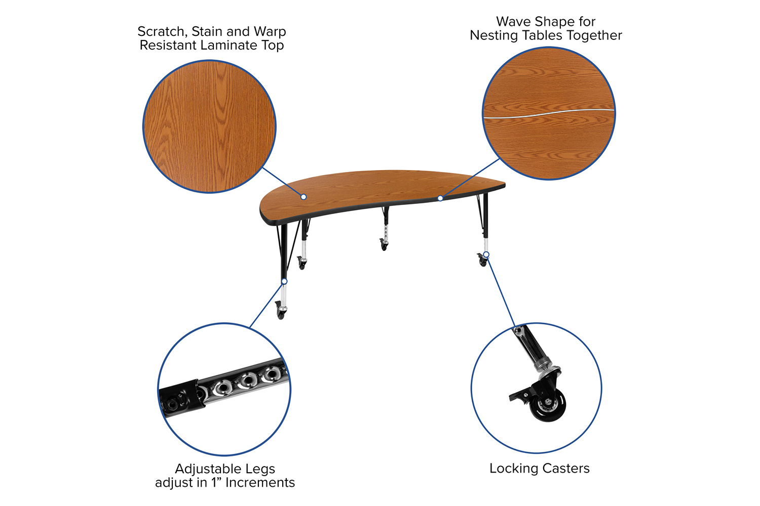 BLNK Wren Mobile Half Circle Thermal Laminate Wave Flexible Collaborative Activity Table - Oak, 60"D, with Short Height Adjustable Legs