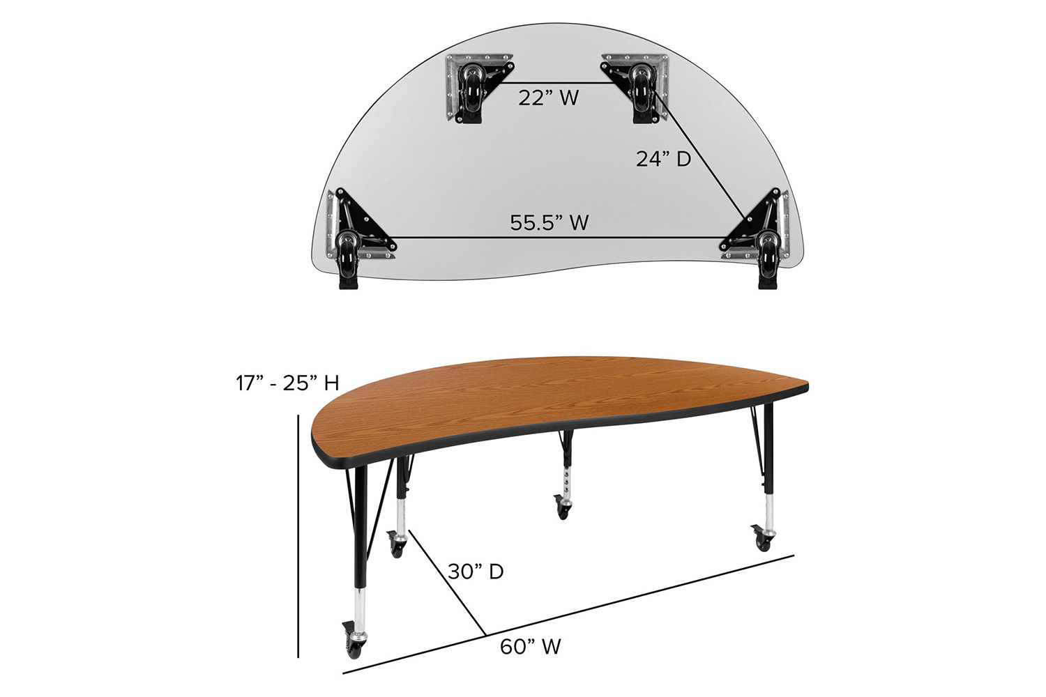 BLNK Wren Mobile Half Circle Thermal Laminate Wave Flexible Collaborative Activity Table - Oak, 60"D, with Short Height Adjustable Legs