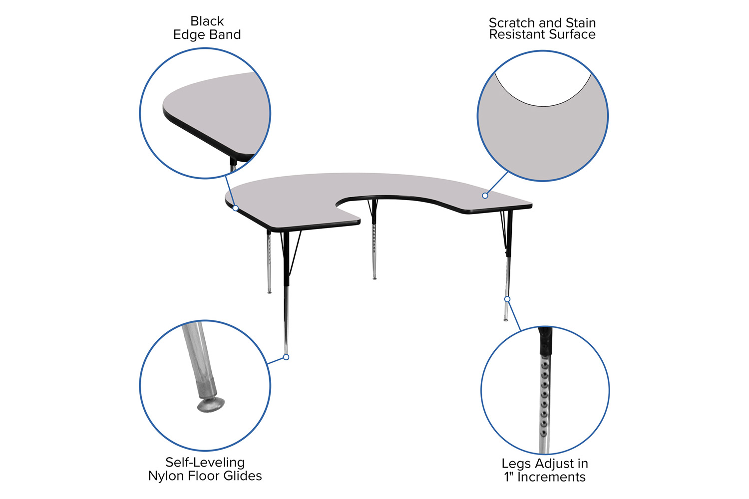 BLNK Wren Horseshoe Thermal Laminate Activity Table - Gray, with Standard Height Adjustable Legs