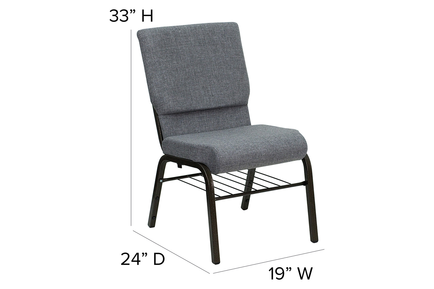 BLNK™ HERCULES Series Fabric Church Chair with Book Rack and Gold Vein Frame - Gray