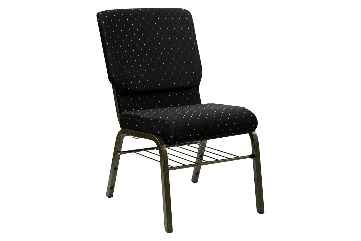 BLNK™ HERCULES Series Fabric Church Chair with Book Rack and Gold Vein Frame - Black Dot Patterned