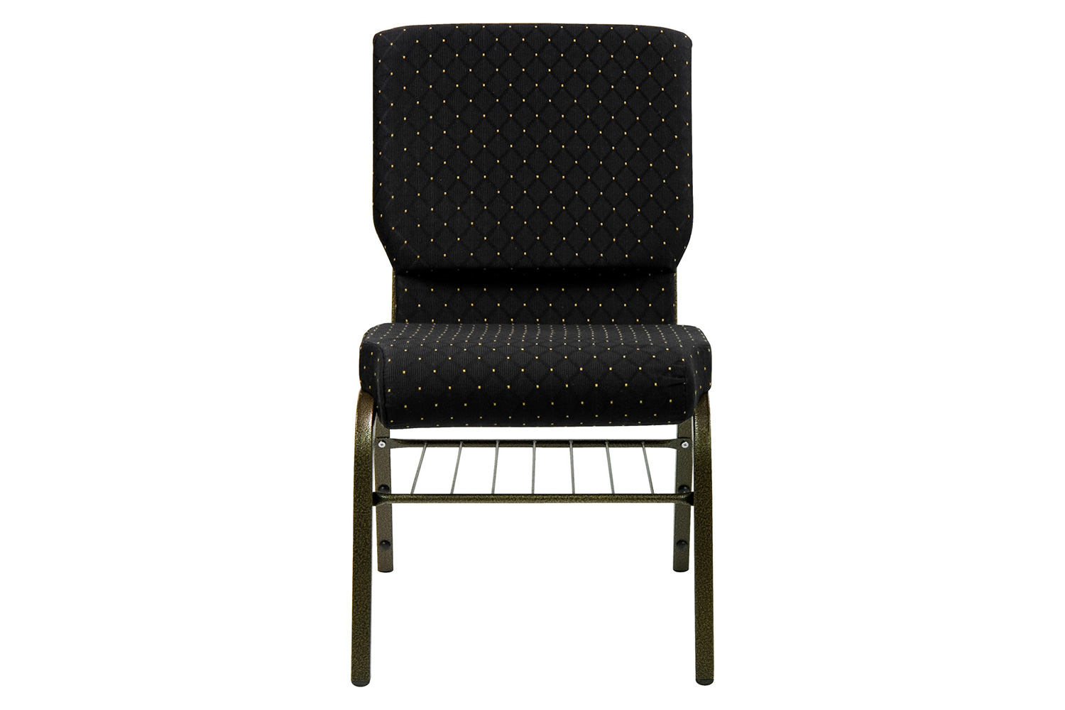 BLNK™ HERCULES Series Fabric Church Chair with Book Rack and Gold Vein Frame - Black Dot Patterned