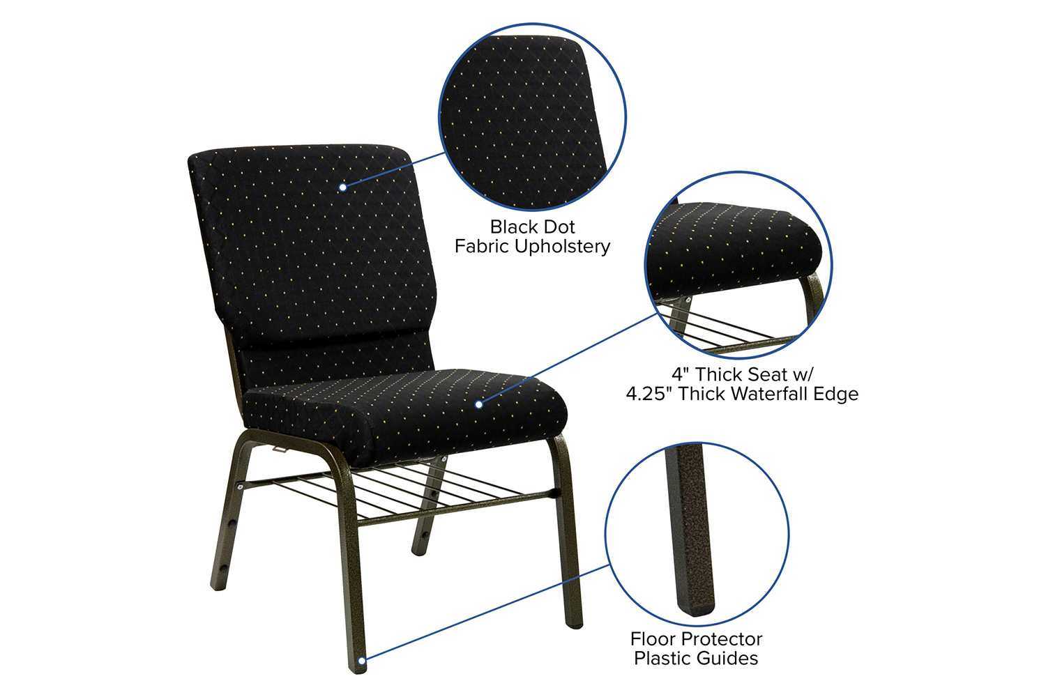 BLNK™ HERCULES Series Fabric Church Chair with Book Rack and Gold Vein Frame - Black Dot Patterned