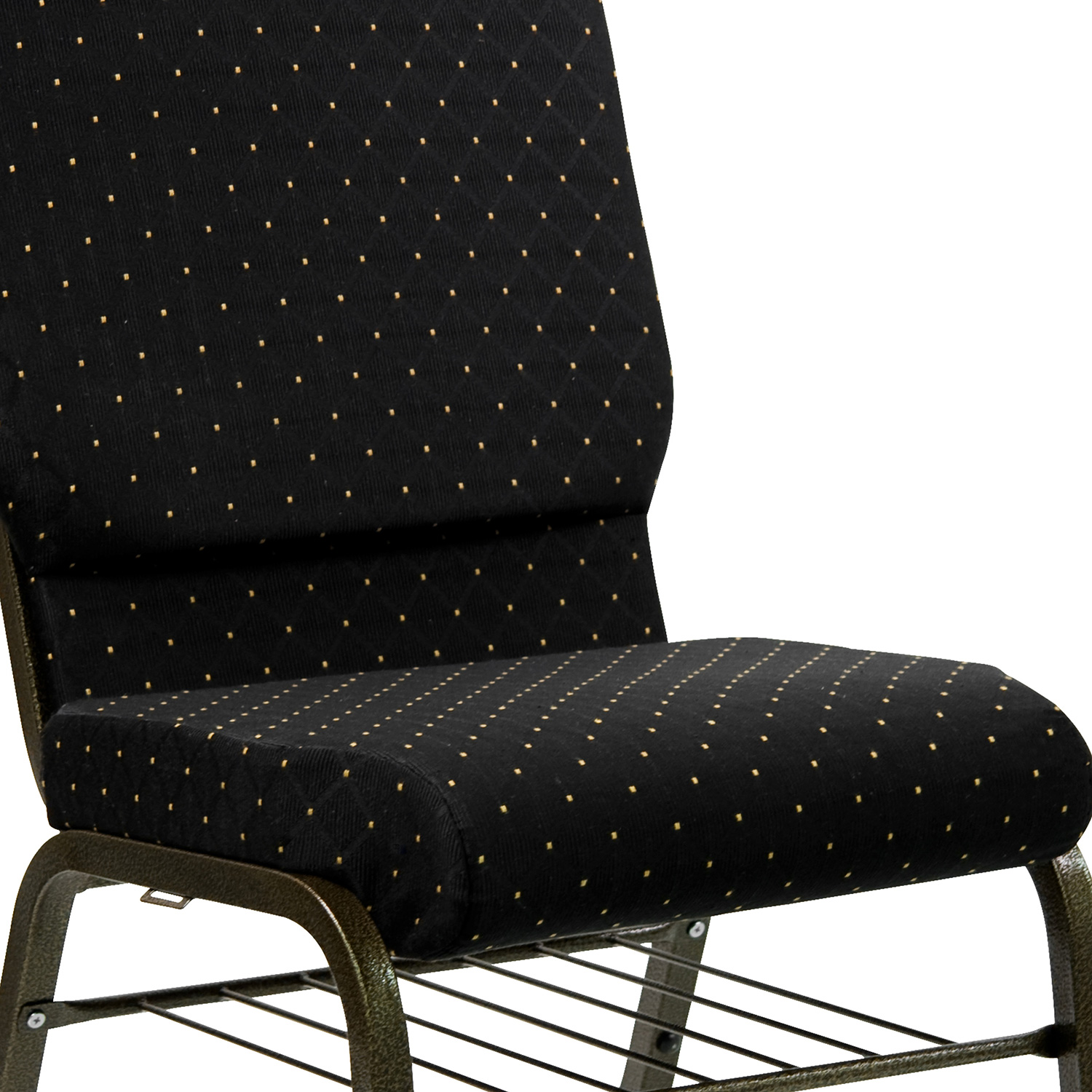 BLNK™ HERCULES Series Fabric Church Chair with Book Rack and Gold Vein Frame - Black Dot Patterned