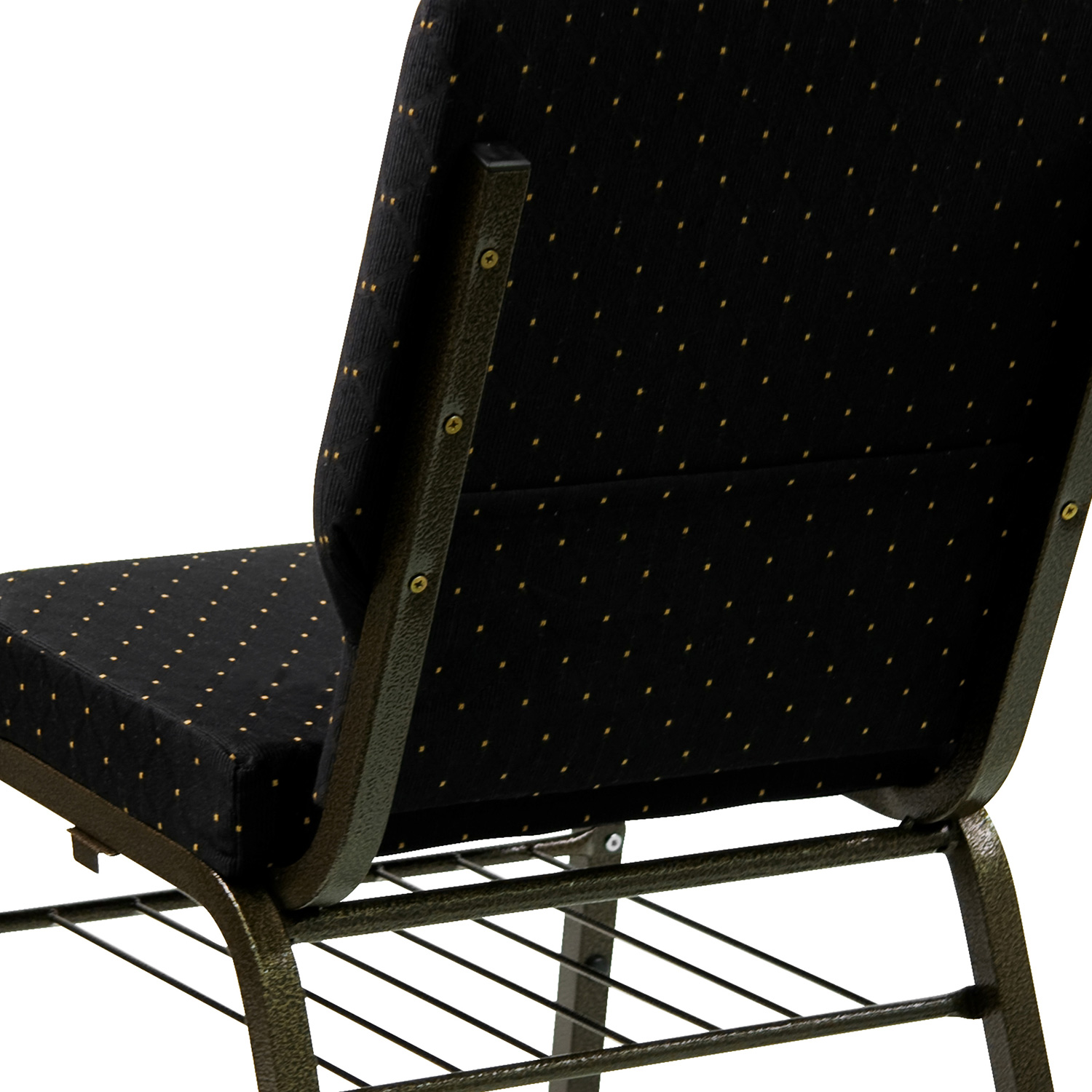 BLNK™ HERCULES Series Fabric Church Chair with Book Rack and Gold Vein Frame - Black Dot Patterned