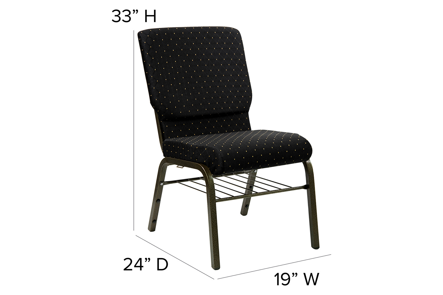 BLNK™ HERCULES Series Fabric Church Chair with Book Rack and Gold Vein Frame - Black Dot Patterned